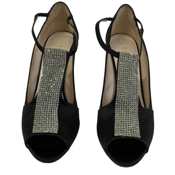 ESCADA Crystal Jeweled Satin T-Strap Heeled Shoes Size 39.5/9 US Peep Toe - Picture 10 of 13
